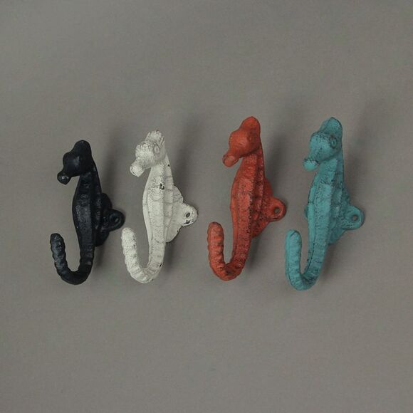 Set of 4 Coastal Cast Iron Seahorse Decorative Wall Hooks 5 Inches High - Picture 4 of 7